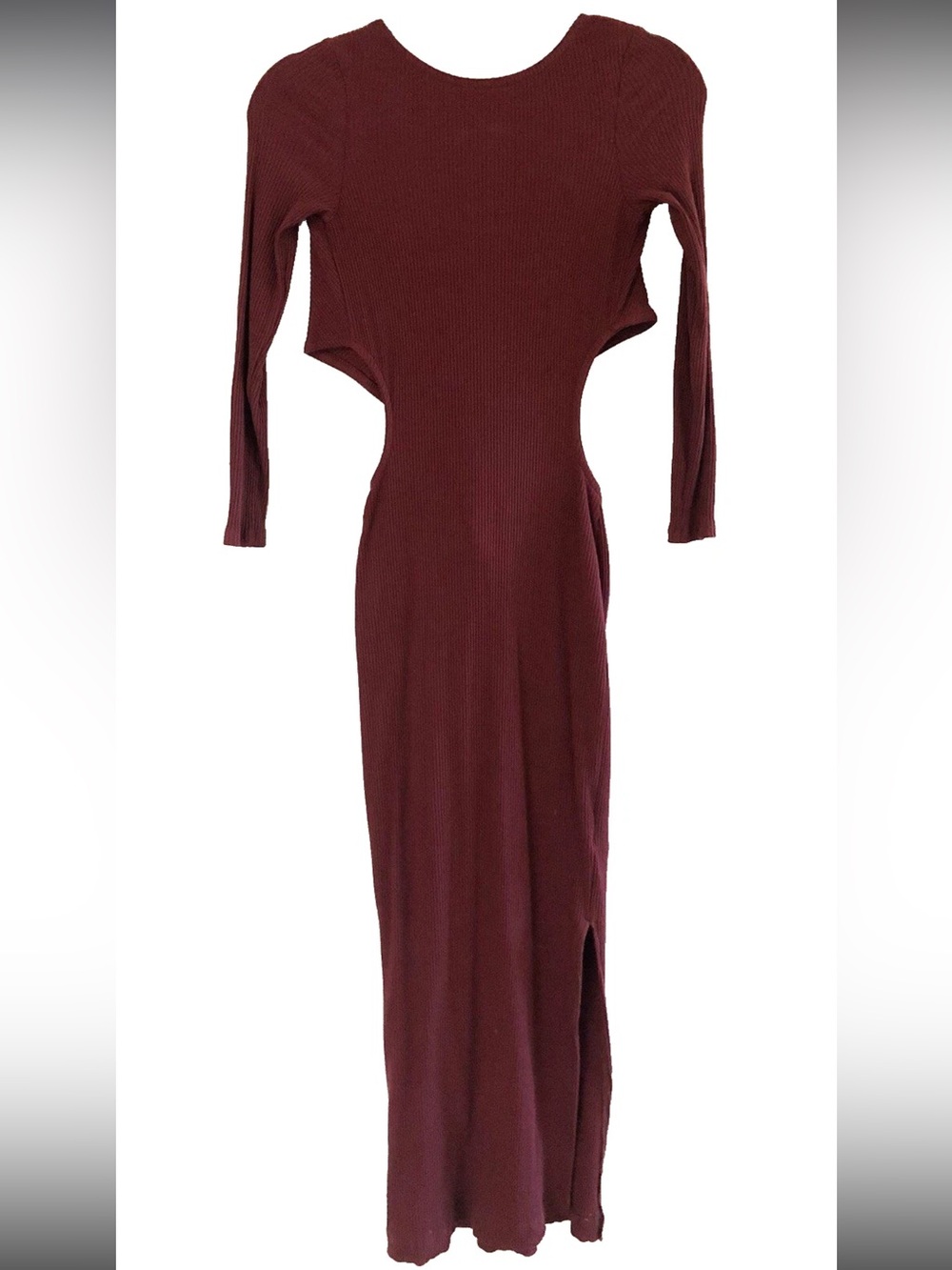 Free People FP Beach Tie Back Cut Out Ribbed Maxi Long Sleeve Maxi Dress Wine XS - Picture 2 of 8
